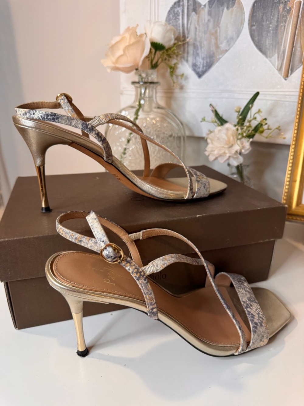 Paolo Gold-Tone Stiletto Sandals with Metallic Snake-Print Straps - Picture 9 of 10